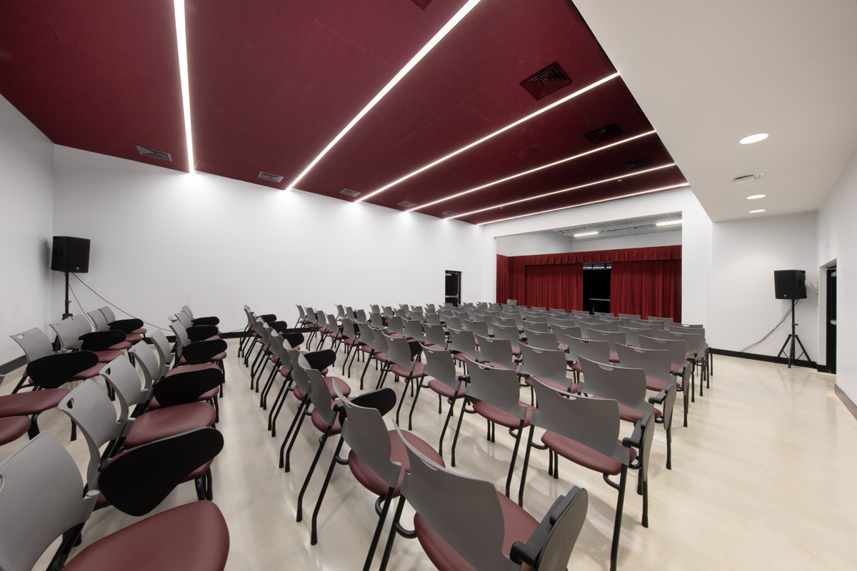 Interior design view o the black box theater classroom at the Somerset Collegiate Preparatory Academy hs in Port St Lucie, FL.